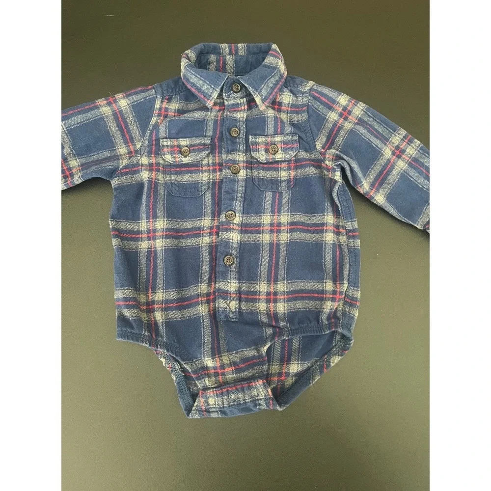OshKosh Bgosh Baby Blue Plaid Flannel Button Front Bodysuit 18M (1050)